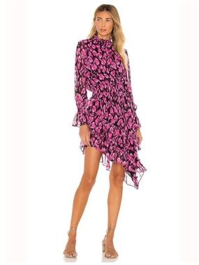 Misa Los Angeles Lupita Pink Floral Long-Sleeve Ruffle Midi Dress NWT $356